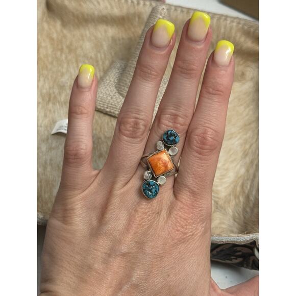 Southwest Jewelry - Native American Bryon Brown Handmade Sterling Spiny Oyster Turquoise Ring 9